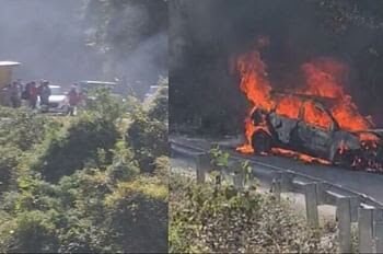 मसूरी-किमाड़ी मार्ग पर हादसा, टायर फटते ही आग का गोला बनी हरियाणा के पर्यटकों की कार