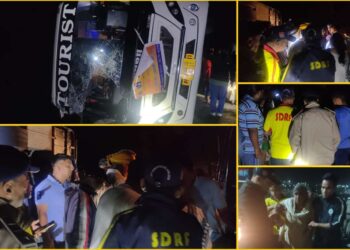 यात्रियों से भरी बस रास्ते में पलटी,SDRF ने चलाया राहत बचाव अभियान