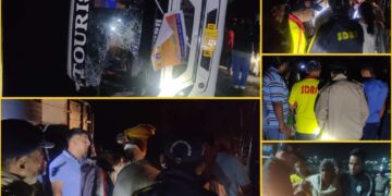 यात्रियों से भरी बस रास्ते में पलटी,SDRF ने चलाया राहत बचाव अभियान