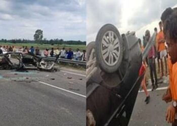 डंपर ने कांवड़ियों को कुचला, दो की मौत, गुस्साए कांवड़ियों ने कार में लगाई आग